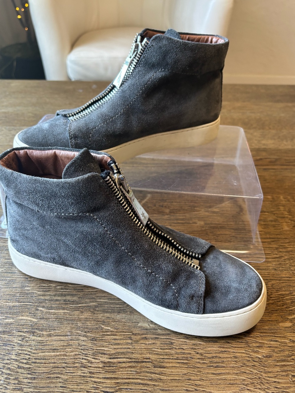 Frye Gray Suede Lina High Tops Sneakers Zip Closure Size 8M